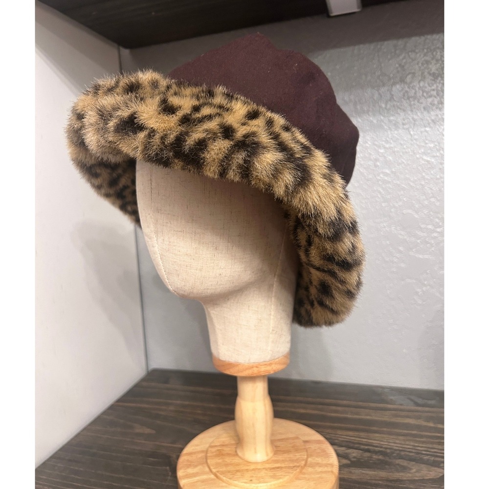 Wool Leopard Faux Fur Trim Bucket Hat Vintage Winter Fall Cozy Retro